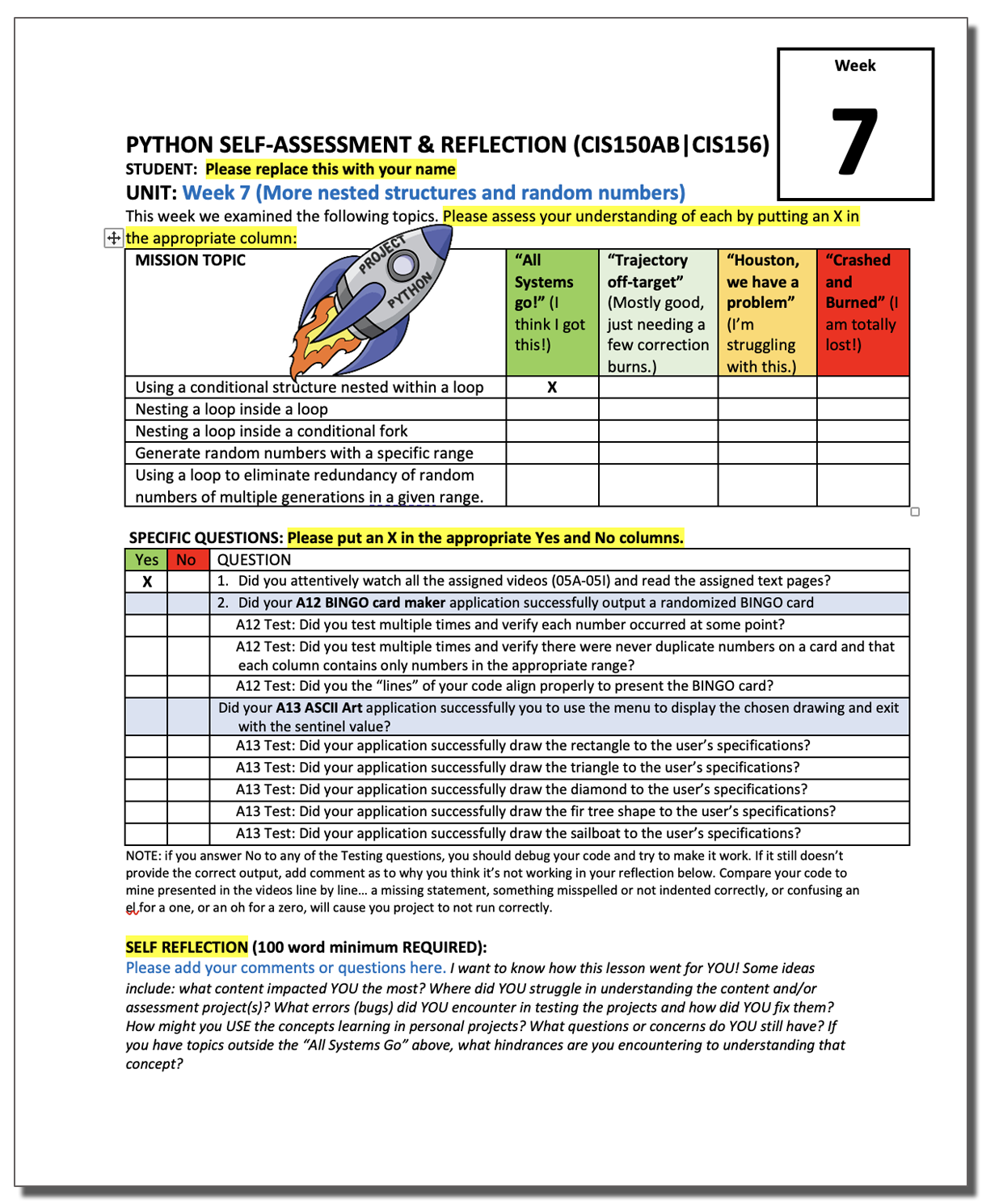 Screen shot of a weekly refelction worksheet